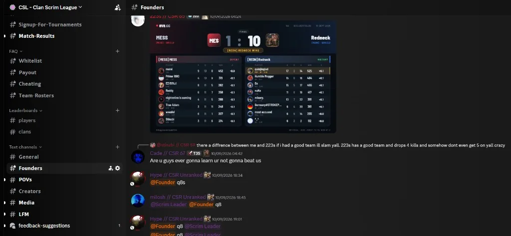 The #Founders channel in the CSL Discord: team leaders trading trash talk and arranging games underneath a posted match result, each name tagged with the player's CSR, beside a sidebar of channels for tournament signups, rosters, payouts, whitelisting and looking for members.