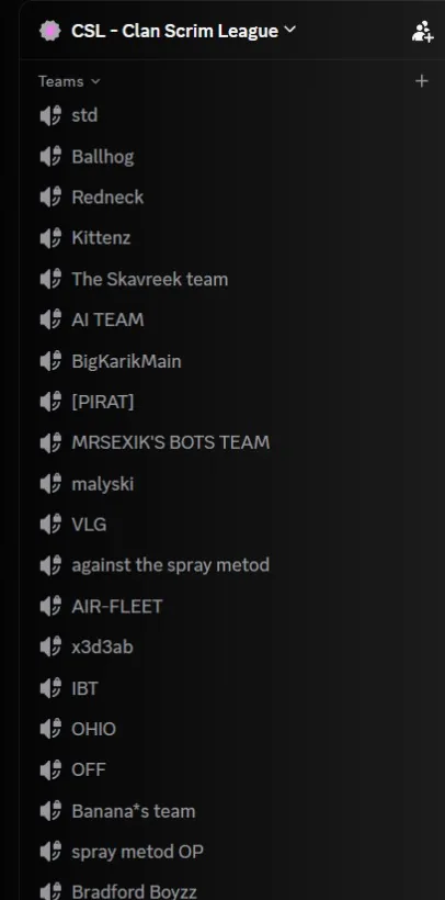 The CSL Discord sidebar, with a voice channel for each clan on the ladder - std, Ballhog, Redneck, Kittenz, The Skavreek team, AI TEAM, VLG, AIR-FLEET, OHIO and around fifteen more.